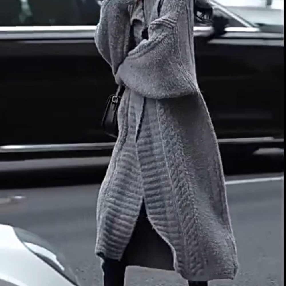 102. LAST 1!OVERSIZE MAXI LONG Grey Gray Cardigan Chunky Long Cable Fuzzy - Picture 2 of 11
